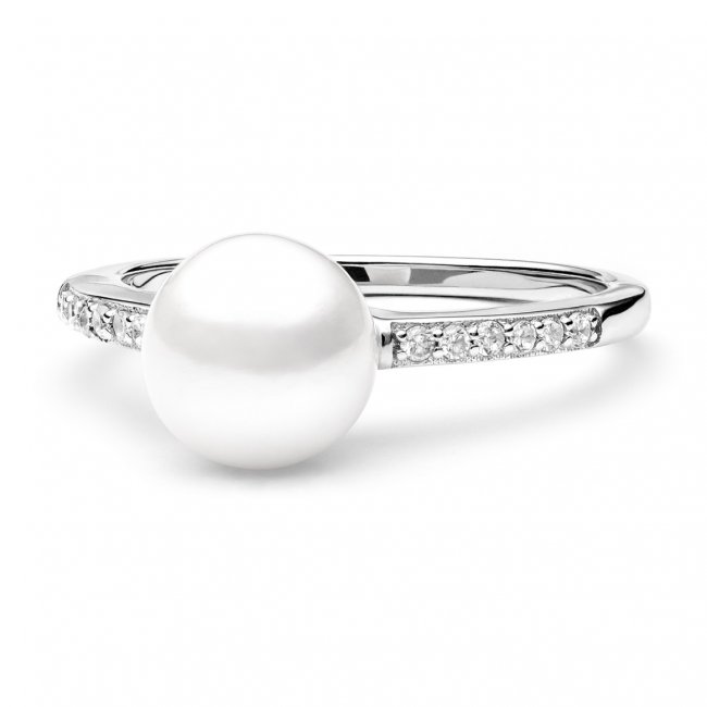 Stříbrný prsten s bílou sladkovodní Gaura perlou zdobený zirkony