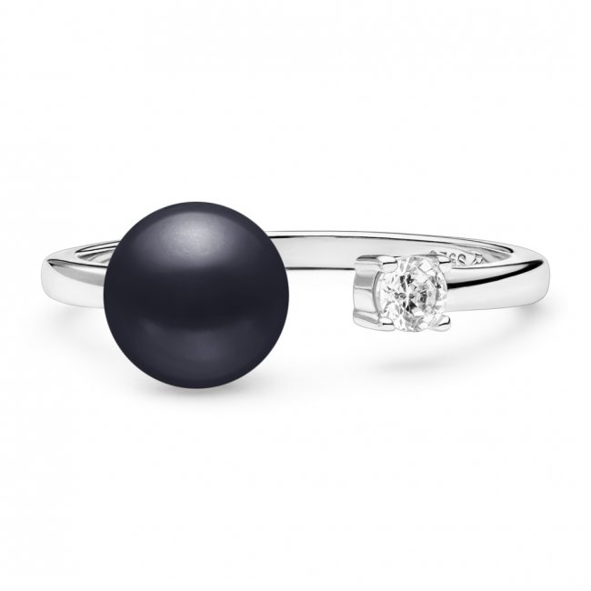 Stříbrný prsten s černou sladkovodní GAURA perlou zdoben zirkonem