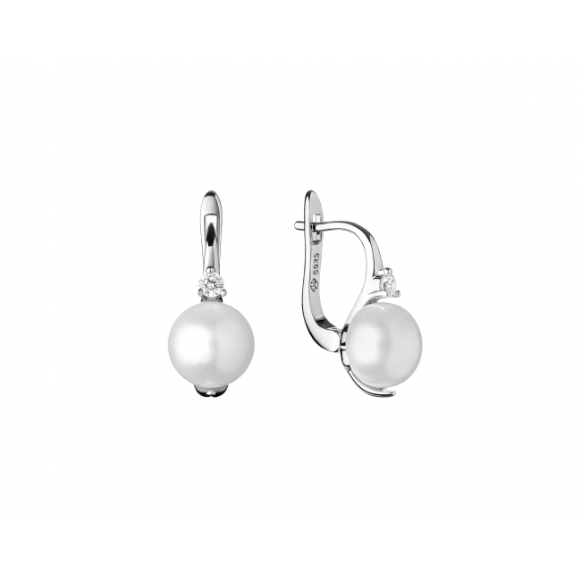 Stříbrné náušnice s bílou Gaura perlou a Zirkonem
