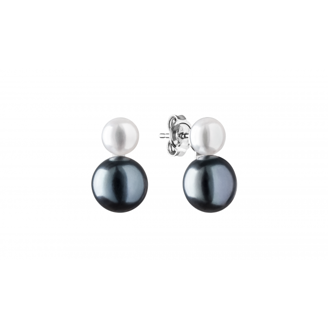Dámské visací náušnice s pravou černou a bílou perlou