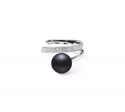 Noblesní prsten s pravou černou perlou a zirkony
