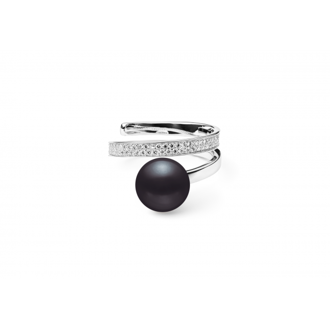 Noblesní prsten s pravou černou perlou a zirkony