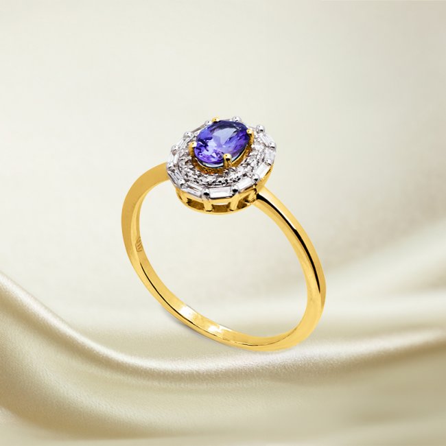 Zlatý diamantový prsten s tanzanitem