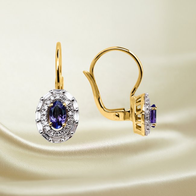 Luxusní zlaté náušnice s tanzanitem a diamanty