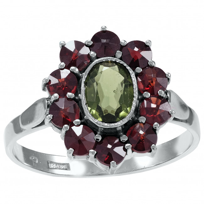 Stříbrný prsten s Vltavínem a Granátem