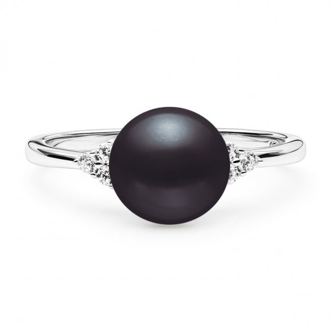 Stříbrný prsten s pravou černou Gaura perlou a zirkonem