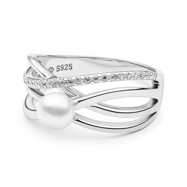 Stříbrný prsten s bílou sladkovodní Gaura perlou zdoben kubickou zirkonií