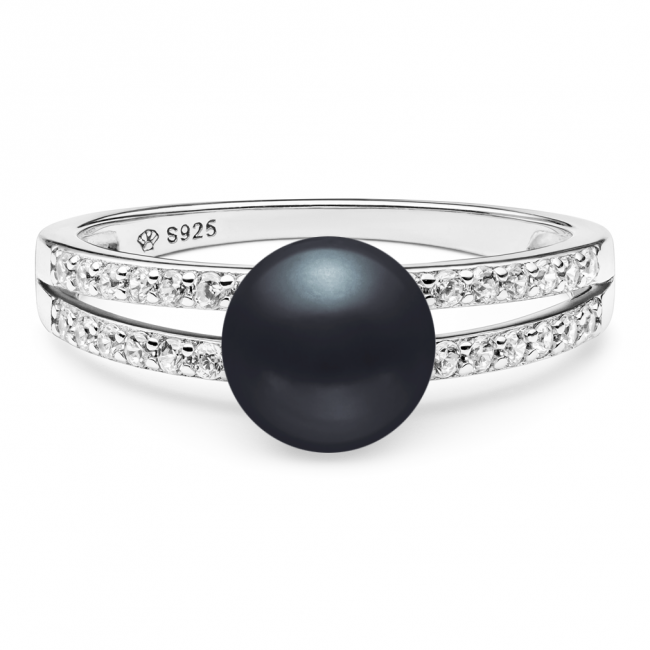 Stříbrný prsten s černou sladkovodní Gaura perlou zdoben kubickou zirkonií