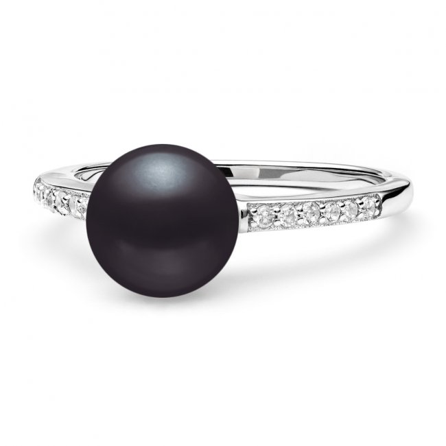 Stříbrný prsten s černou sladkovodní Gaura perlou zdoben Zirkony